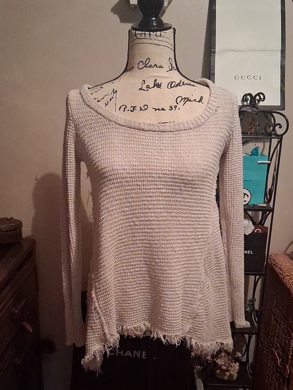 KAISELY Light Beige Scoop Neck Distressed Knit Sweater -XS